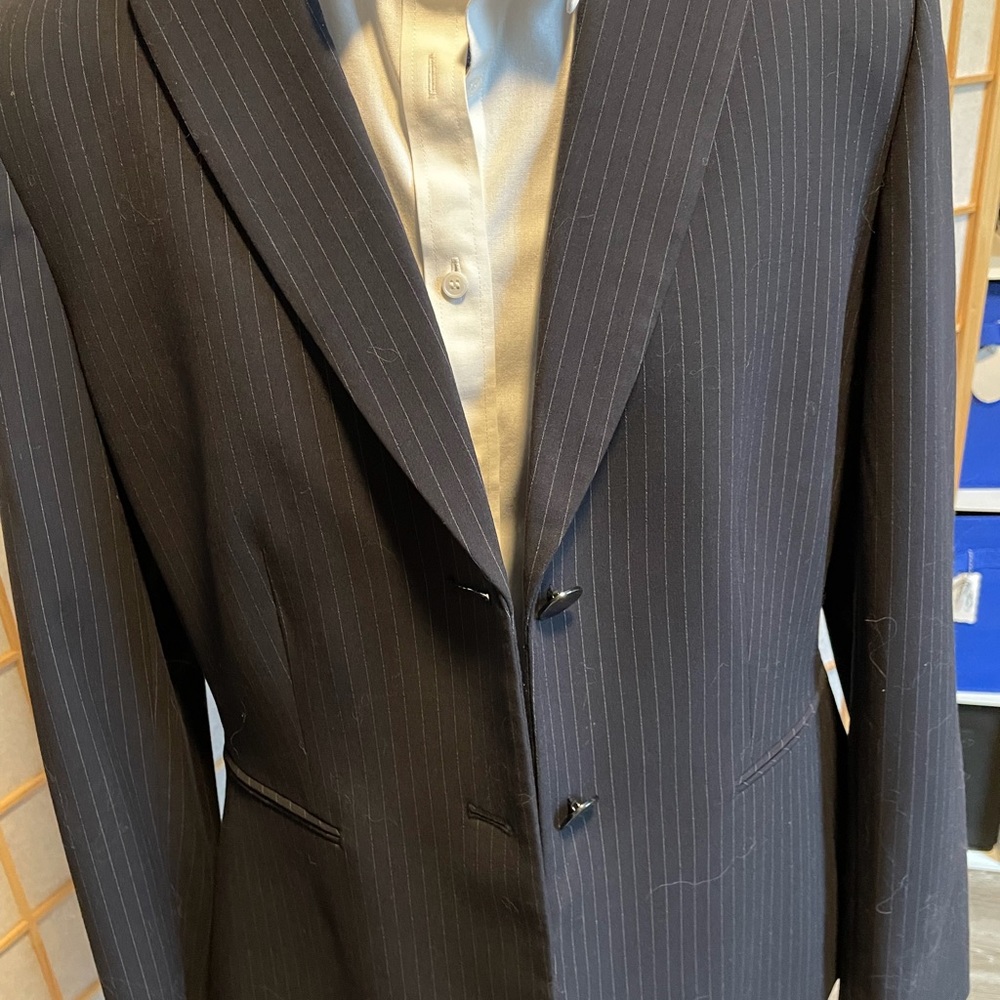 Navy pinstripe suit with pants and skirt